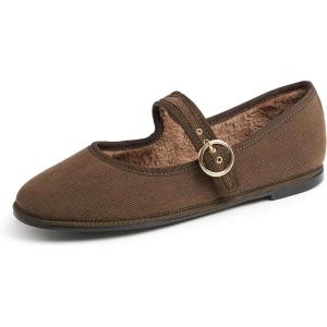 image:imageFEVERSOLE Womens Soft Breathable Mary Jane Memory Foam Cushioned Comfort Round Toe Metal Buckle Flats Walking ShoesBrown Corduroy Fur Lined Mary Jane With Round Buckle