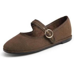 image:imageFEVERSOLE Womens Soft Breathable Mary Jane Memory Foam Cushioned Comfort Round Toe Metal Buckle Flats Walking ShoesBrown Corduroy Mary Jane With Round Buckle
