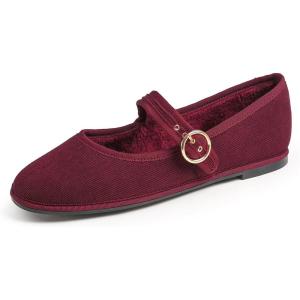 image:imageFEVERSOLE Womens Soft Breathable Mary Jane Memory Foam Cushioned Comfort Round Toe Metal Buckle Flats Walking ShoesBurgundy Corduroy Fur Lined Mary Jane With Round Buckle