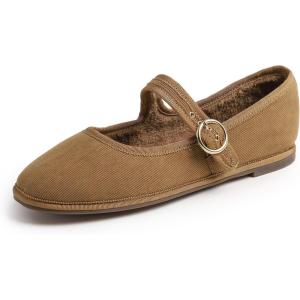 image:imageFEVERSOLE Womens Soft Breathable Mary Jane Memory Foam Cushioned Comfort Round Toe Metal Buckle Flats Walking ShoesCamel Corduroy Fur Lined Mary Jane With Round Buckle