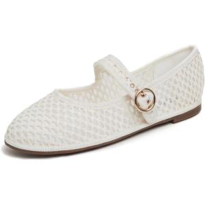 image:imageFEVERSOLE Womens Soft Breathable Mary Jane Memory Foam Cushioned Comfort Round Toe Metal Buckle Flats Walking ShoesCream White Knit Mary Jane With Round Buckle