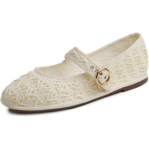 image:imageFEVERSOLE Womens Soft Breathable Mary Jane Memory Foam Cushioned Comfort Round Toe Metal Buckle Flats Walking ShoesCream White Raffia Mary Jane With Round Buckle