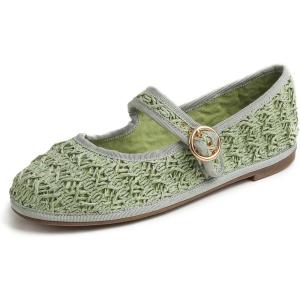 image:imageFEVERSOLE Womens Soft Breathable Mary Jane Memory Foam Cushioned Comfort Round Toe Metal Buckle Flats Walking ShoesGreen Raffia Mary Jane With Round Buckle