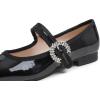 image:imageFEVERSOLE Womens Mary Jane Fashion Square Toe Easy Buckle Low Heel Slip On FlatsSq Maryjane Black Patent Vegan Leather Rhinestone Buckle Low Heel