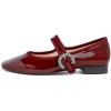 image:imageFEVERSOLE Womens Mary Jane Fashion Square Toe Easy Buckle Low Heel Slip On FlatsSq Maryjane Burgundy Patent Vegan Leather Rhinestone Buckle Low Heel