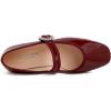 image:imageFEVERSOLE Womens Mary Jane Fashion Square Toe Easy Buckle Low Heel Slip On FlatsSq Maryjane Burgundy Patent Vegan Leather Rhinestone Buckle Low Heel