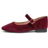 image:imageFEVERSOLE Womens Mary Jane Fashion Square Toe Easy Buckle Low Heel Slip On FlatsSq Maryjane Burgundy Red Velvet Stack Heel