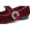 image:imageFEVERSOLE Womens Mary Jane Fashion Square Toe Easy Buckle Low Heel Slip On FlatsSq Maryjane Burgundy Velvet Fur Lined Rhinestone Buckle