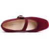 image:imageFEVERSOLE Womens Mary Jane Fashion Square Toe Easy Buckle Low Heel Slip On FlatsSq Maryjane Burgundy Velvet Rhinestone Buckle Stack Heel