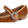 image:imageFEVERSOLE Womens Mary Jane Fashion Square Toe Easy Buckle Low Heel Slip On FlatsSq Maryjane Camel Velvet Fur Lined Rhinestone Buckle