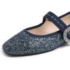 image:imageFEVERSOLE Womens Mary Jane Fashion Square Toe Easy Buckle Low Heel Slip On FlatsSq Maryjane Night Blue Glitter Rhinestone Buckle Low Heel
