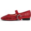 image:imageFEVERSOLE Womens Mary Jane Fashion Square Toe Easy Buckle Low Heel Slip On FlatsSq Maryjane Red Glitter Rhinestone Buckle Low Heel
