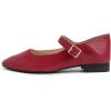 image:imageFEVERSOLE Womens Mary Jane Fashion Square Toe Easy Buckle Low Heel Slip On FlatsSq Maryjane Retro Red Vegan Stack Heel