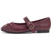 image:imageFEVERSOLE Womens Mary Jane Fashion Square Toe Easy Buckle Slip On FlatsSq Maryjane Burgundy Vegan Leather Wrinkle Bow Deco