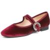 Sq Maryjane Burgundy Velvet Rhinestone Buckle Stack Heel