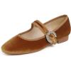 Sq Maryjane Camel Brown Velvet Rhinestone Buckle Stack Heel