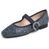 Sq Maryjane Night Blue Glitter Rhinestone Buckle Low Heel