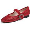 Sq Maryjane Red Glitter Rhinestone Buckle Low Heel