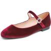 image:imageFEVERSOLE Womens Mary Jane Fashion Square Toe Easy Buckle Slip On FlatsSq Maryjane Burgundy Velvet Flat