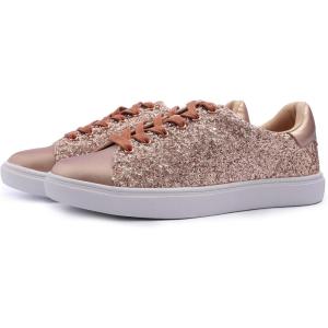 image:imageBreeze NOUTHERLY Womens Fashion Sparkle Sneakers Party Bling Casual Flats Embellished ShoesRose Gold Glitter Laceup 1405