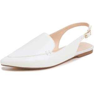 image:imageFEVERSOLE Pointed Toe Casual Slingback Flat Mules Womens Fashion Buckle Strap Slide Summer SlippersWhite Plain Vegan Leather