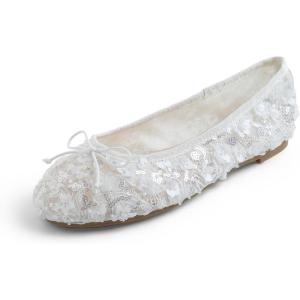 image:imageFEVERSOLE Round Toe Lace Ballet Crochet Flats Womens Comfy Breathable ShoesWhite Sequin Beads Lace