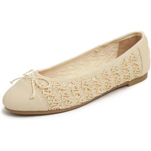 image:imageFEVERSOLE Womens Bow Tie Fashion Dress Slip On Shoes Round Toe Ballet FlatBeige Raffia Toe Cap