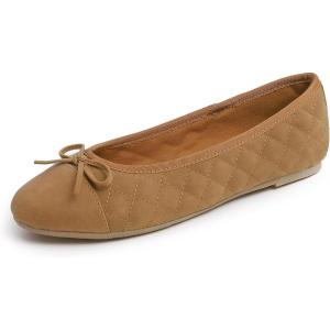 image:imageFEVERSOLE Womens Bow Tie Fashion Dress Slip On Shoes Round Toe Ballet FlatCamel Quilted Nubuck Toe Cap