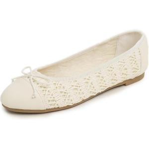 image:imageFEVERSOLE Womens Bow Tie Fashion Dress Slip On Shoes Round Toe Ballet FlatCream White Raffia Toe Cap