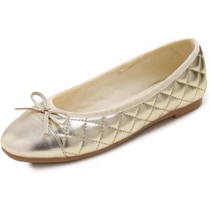 image:imageFEVERSOLE Womens Bow Tie Fashion Dress Slip On Shoes Round Toe Ballet FlatGold Quilted Toe Cap