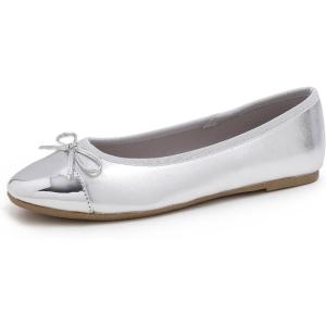 image:imageFEVERSOLE Womens Bow Tie Fashion Dress Slip On Shoes Round Toe Ballet FlatSilver Mirror Toe Cap
