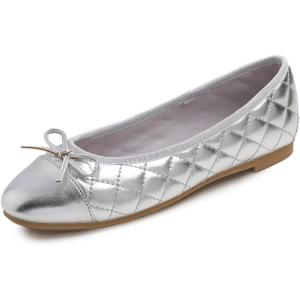 image:imageFEVERSOLE Womens Bow Tie Fashion Dress Slip On Shoes Round Toe Ballet FlatSilver Quilted Toe Cap