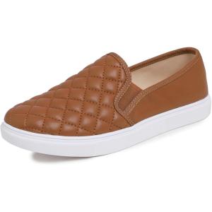 image:imageFEVERSOLE Womens Casual Slip On Sneaker Comfort Quilted Loafer FlatsCamel Brown Quilted Vegan Leather