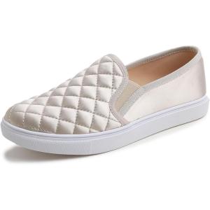 image:imageFEVERSOLE Womens Casual Slip On Sneaker Comfort Quilted Loafer FlatsLight Gold Quilted Satin Silky