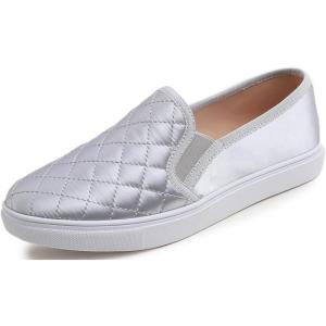 image:imageFEVERSOLE Womens Casual Slip On Sneaker Comfort Quilted Loafer FlatsSilver Quilted Satin Silky