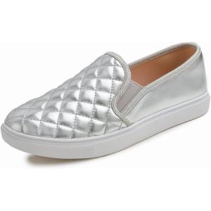 image:imageFEVERSOLE Womens Casual Slip On Sneaker Comfort Quilted Loafer FlatsSilver Quilted Vegan Leather