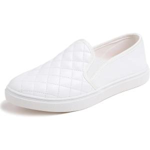 image:imageFEVERSOLE Womens Casual Slip On Sneaker Comfort Quilted Loafer FlatsWhite Quilted Vegan Leather