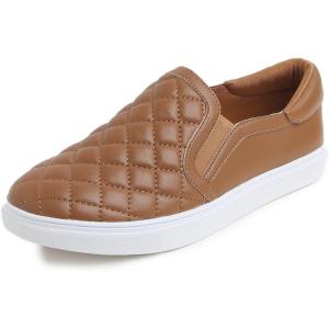 image:imageFEVERSOLE Womens Casual Slip On Sneaker Comfortable Quilted Loafer Travel Walking ShoesCamel Brown Quilted Vegan Leather
