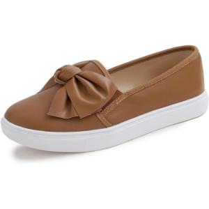 image:imageFEVERSOLE Womens Casual Slip On Sneaker Fashion Bow Tie Loafer FlatsCamel Vegan Leather