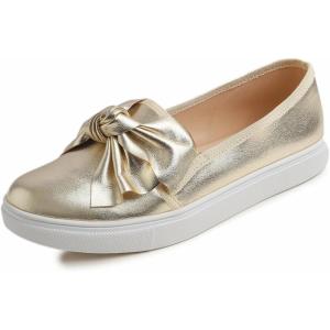 image:imageFEVERSOLE Womens Casual Slip On Sneaker Fashion Bow Tie Loafer FlatsGold Vegan Leather