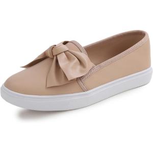 image:imageFEVERSOLE Womens Casual Slip On Sneaker Fashion Bow Tie Loafer FlatsNude Vegan Leather
