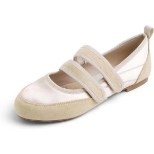image:imageFEVERSOLE Womens Cushion Padded Mary Jane Sneakers Double Straps Comfort Casual Soft Fabric Sporty BalletsBeige Fabric Mf Two Straps