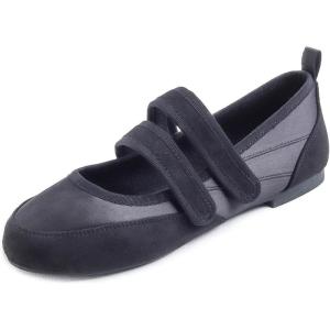 image:imageFEVERSOLE Womens Cushion Padded Mary Jane Sneakers Double Straps Comfort Casual Soft Fabric Sporty BalletsBlack Fabric Mf Two Straps