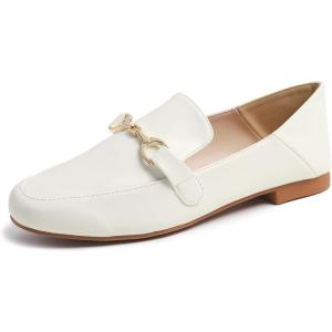 image:imageFEVERSOLE Womens Fashion Daily Comfort Soft Penny Loafer Office Work FlatsWhite Vegan Leather Golden Buckle
