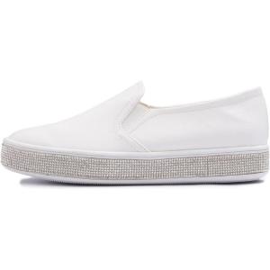 image:imageFEVERSOLE Womens Fashion SlipOn Sneaker Casual Platform Loafers White Silver Rhinestone Shoes Size 85 M US