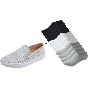 image:imageFEVERSOLE Womens Fashion SlipOn Sneaker Loafers Ice Silver Size 8 M US Boundle with No Show Socks Women Ankle Low Cut Thin No Slip Invisible Liner Socks 3 Colors 6 Pairs