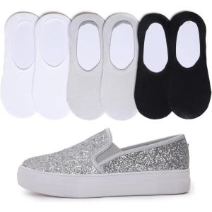 image:imageFEVERSOLE Womens Fashion SlipOn Sneaker Loafers Silver 95 M US Bound with No Show Socks Women Ankle Low Cut Thin Socks 3 Colors 6 Pairs