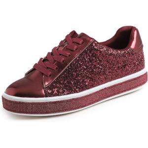 image:imageFEVERSOLE Womens Fashion Sparkle Platform Rhinestone Party Holiday Wedding SneakersBurgundy Glitter
