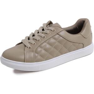 image:imageFEVERSOLE Womens Featured PU Leather Colorful Lace Up SneakerTaupe Quilted Vegan Leather