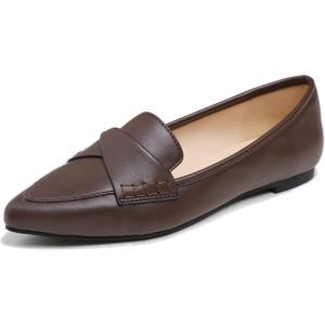 image:imageFEVERSOLE Womens Loafer Flat Pointed Fashion Slip On Comfort Driving Office ShoesBrown Plain Vegan Leather Twist Bow